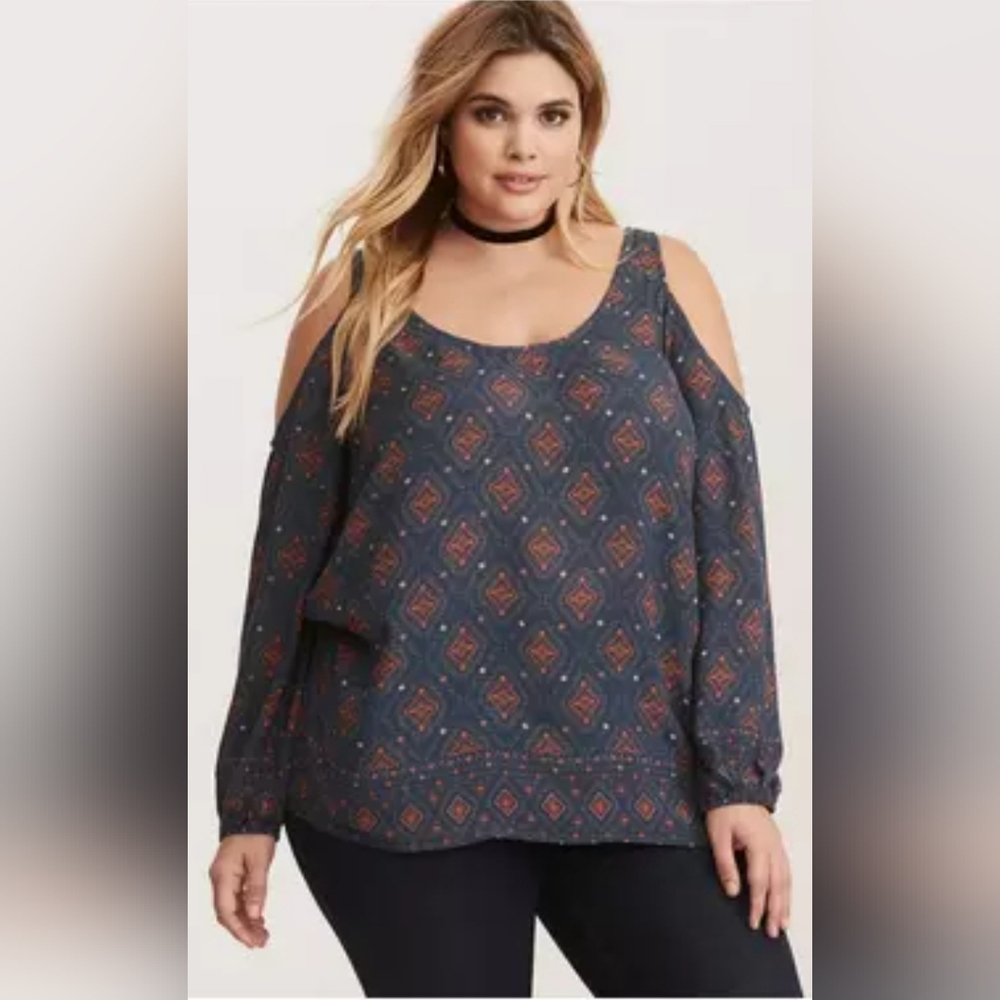 Torrid Geo Print Gauze Cold Shoulder Blouse
